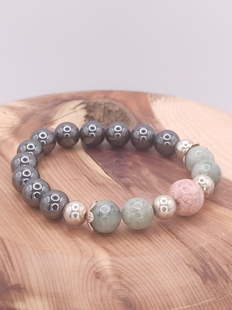 Pulsera de Jadeita Burma, Rodocrosita y Hematite natural - Imagen 2
