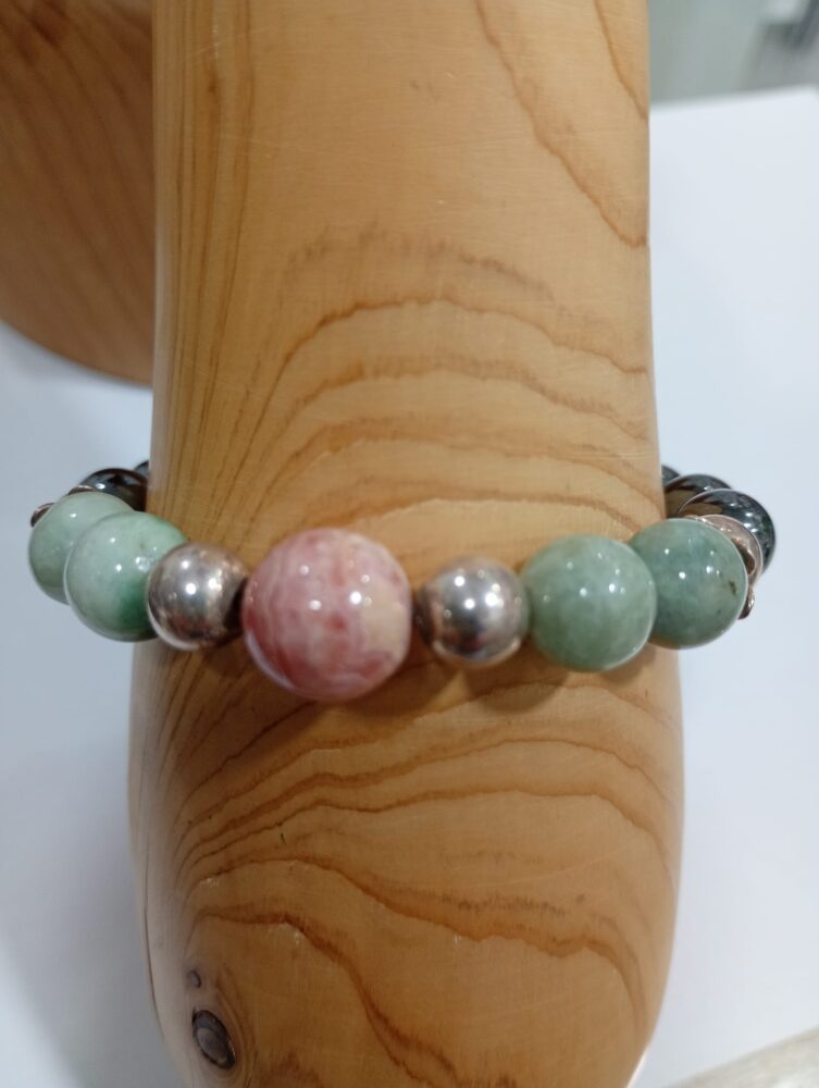 Pulsera Jadeita Burma Rodocrosita Hematite y plata de ley Minerales Bilbao Envíos